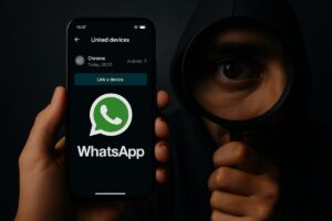 Uomo che spia con la lente d'ingrandimento sullo sfondo e smartphone in primo piano con i dispositivi collegati su WhatsApp