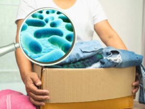 sfondo ragazza con scatolone pieno di vestiti e lente con virus