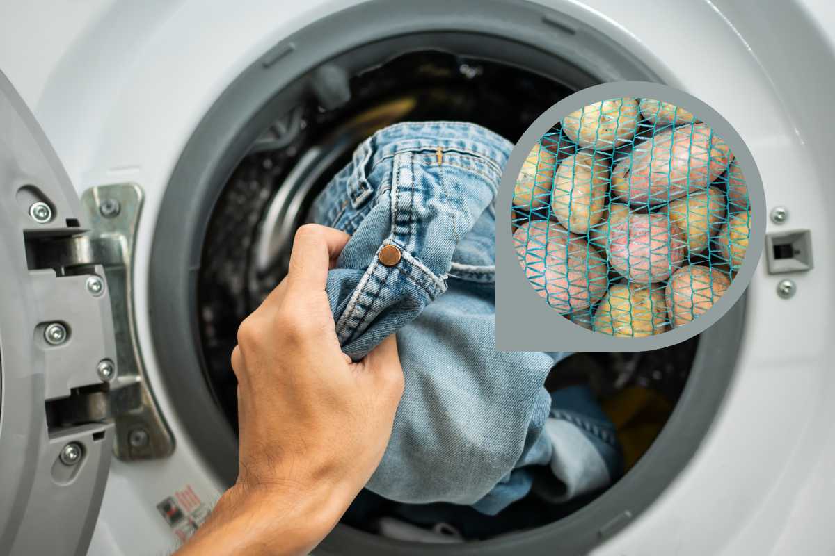 Uomo che tira fuori il bucato dalla lavatrice e cornice con retina di patate