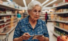 donna anziana al supermercato con in mano dei fogli