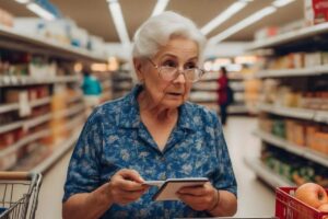 donna anziana al supermercato con in mano dei fogli
