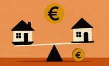 Illustrazione altalena con due case in bilico e simbolo dell'euro in mezzo: agevolazione economica su due case