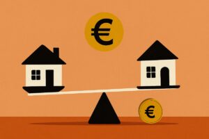 Illustrazione altalena con due case in bilico e simbolo dell'euro in mezzo: agevolazione economica su due case