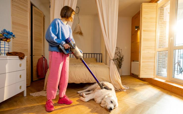 Ragazza che passa giocosamente l'aspirapolvere sopra il suo cane per aspirare i peli