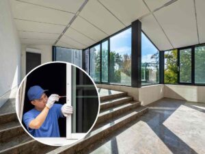 Operaio che cambia finestra e ambiente casalingo pieno di finestre