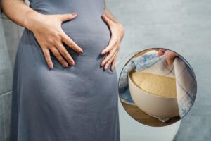 Donna con la pancia gonfia e impasto lievitato in una ciotola