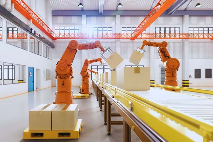 Bracci robot in azione in un magazzino di stoccaggio