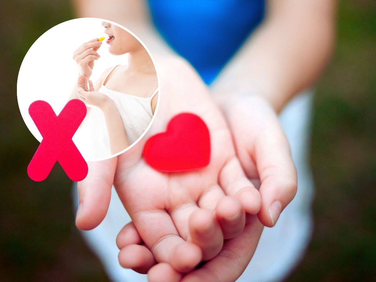 sfondo mani con sagome cuoricino in mano e tondo con persona che prende una medicina e simbolo X