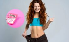 ragazza che gioisce con i pantaloni larghi e nel riquadro una calcolatrice rosa