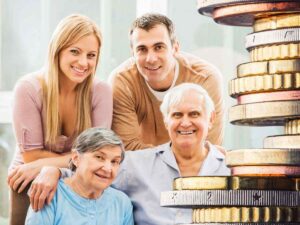 sfondo famiglia e monete euro impilate