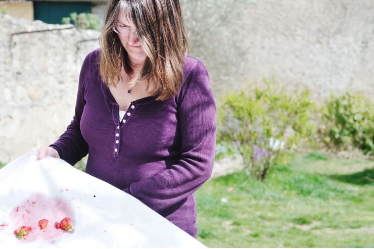 donna che guarda tovaglia con macchie rosse di fragola