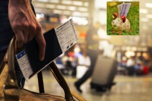 aeroporto persona con un borsoni e dei biglietti in mano