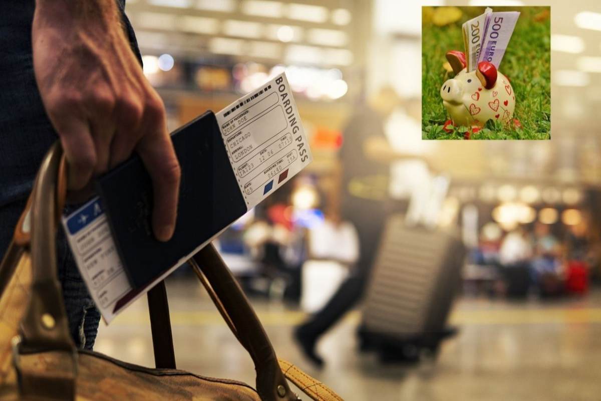 aeroporto persona con un borsoni e dei biglietti in mano