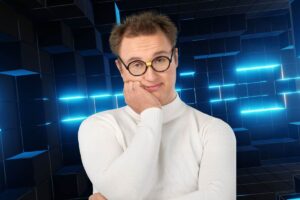 Ragazzo annoiato e confuso, sfondo a tema tecnologico