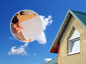 sfondo tetto casa e tondo con documenti fiscali
