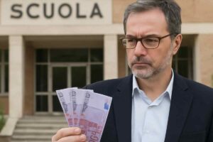 Docente che esce dalla scuola con banconote da 500 euro