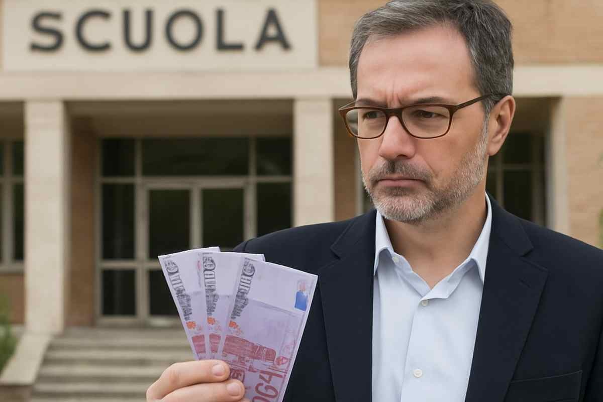 Docente che esce dalla scuola con banconote da 500 euro