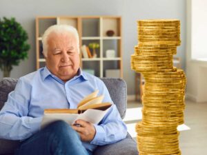 sfondo anziano che legge e monete euro impilate