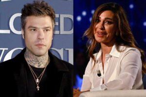 Belen Rodriguez a Domenica In e Fedez in posa a un evento