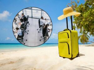 sfondo spiaggia con valigia e cappello e tondo con persone al pc
