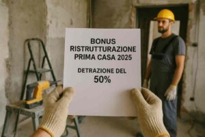 Operaio ristruttura casa e maniche tengono foglio con scritta