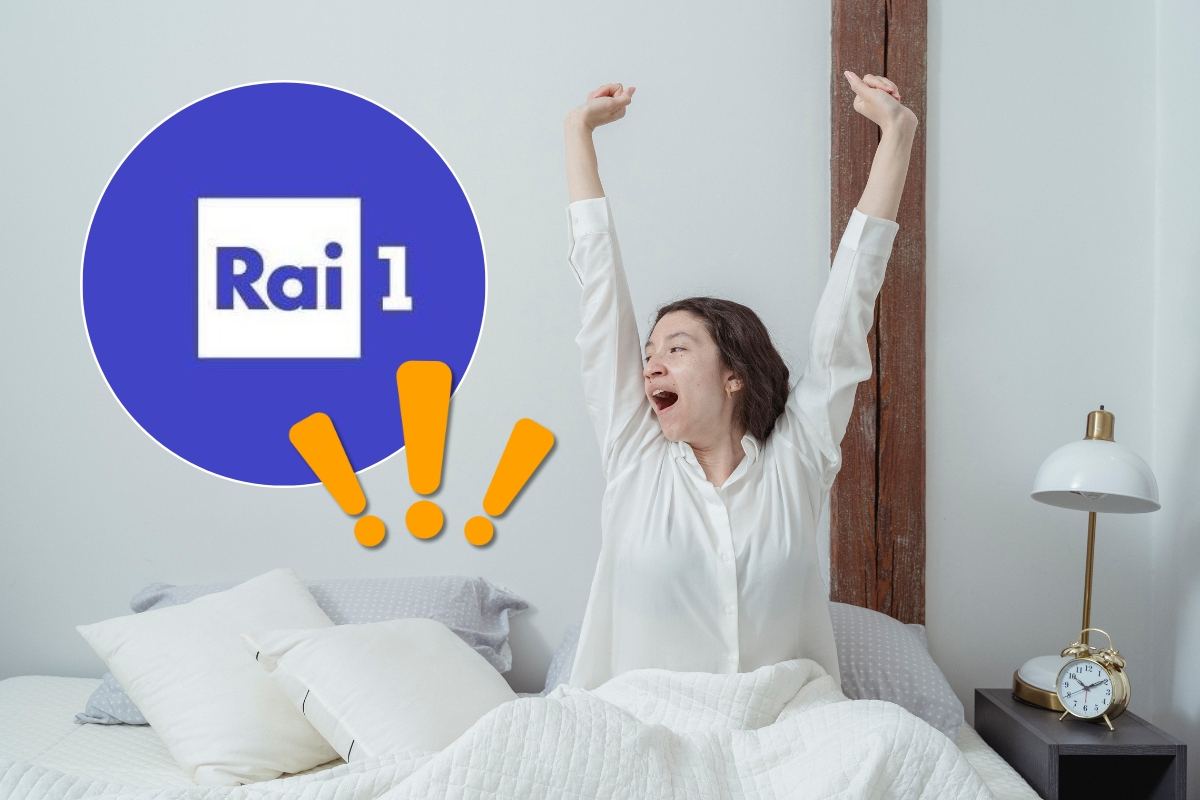 Donna che si sveglia, logo Rai 1 ed esclamativi