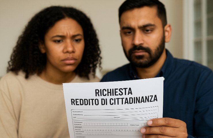 Coppia di stranieri che osserva un modulo con scritta “Richiesta Reddito di Cittadinanza