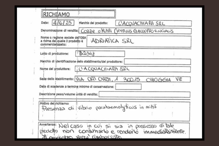 Etichetta di richiamo delle cozze