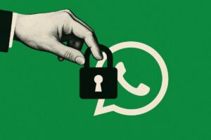 Illustrazione simbolo WhatsApp e mano che tiene un lucchetto