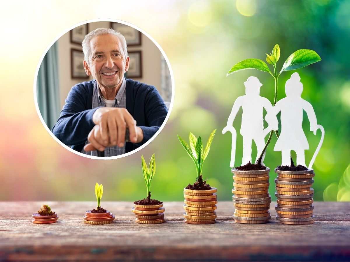 sfondo monete euro in crescendo e sagoma anziani e tondo con anziano