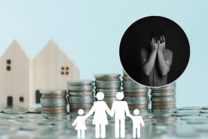 collage famiglia stilizzata e uomo disperato