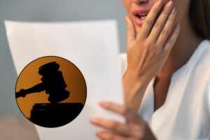 donna preoccupata e martelletto del giudice