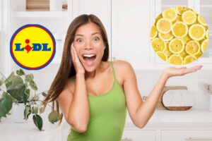 donna sorpresa limoni e logo lidl su sfondo cucina