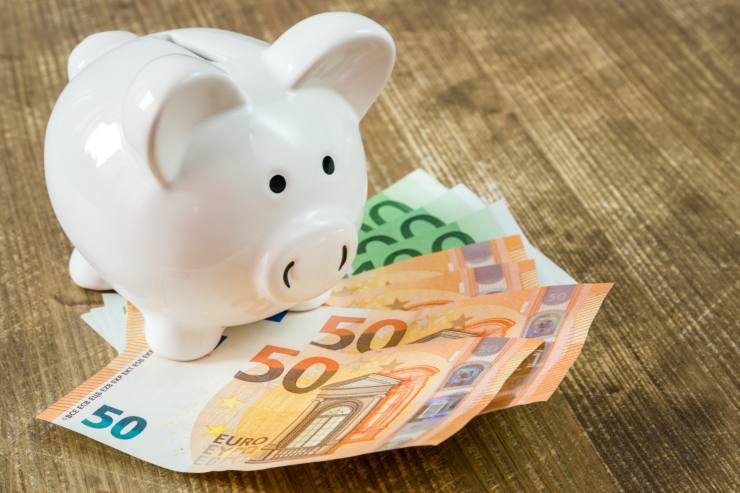 Banconote euro e salvadanaio sopra