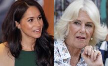 Primo piano di Meghan sorridente e Camilla seria