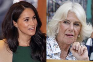 Primo piano di Meghan sorridente e Camilla seria