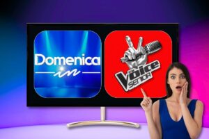 Schermo con loghi Domenica In e The Voice, donna che indica