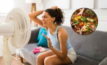 Donna di fronte al ventilatore e verdure