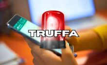 sfondo ragazza che messaggia su WhatsApp e lampadina allarme con scritto ruffa