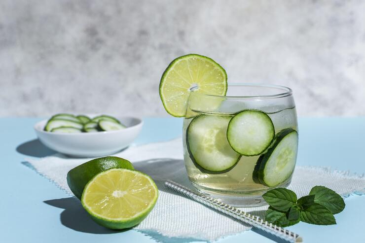 Bicchiere con acqua e cetrioli accanto a lime e foglia di menta