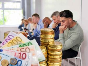 sfondo lavoratori disoccupati e banconote e monete euro