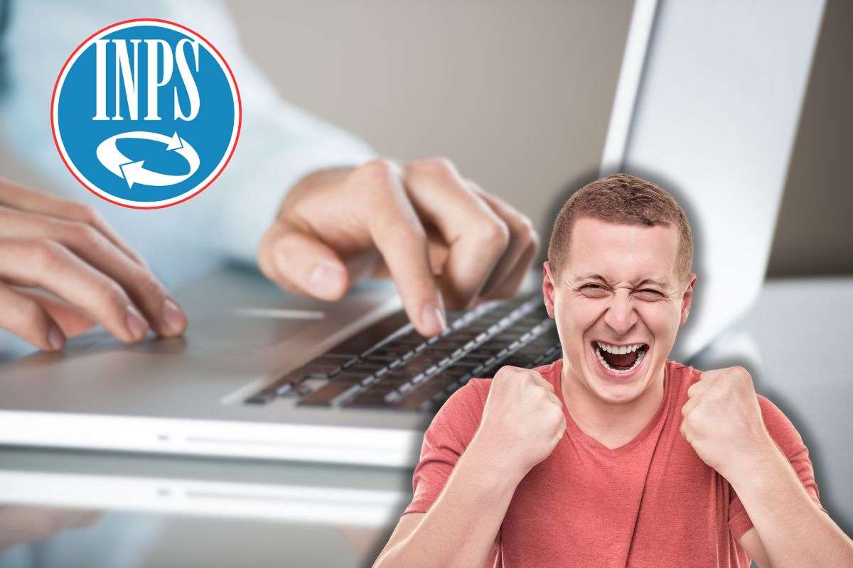 uomo al pc e un altro che esulta, logo inps