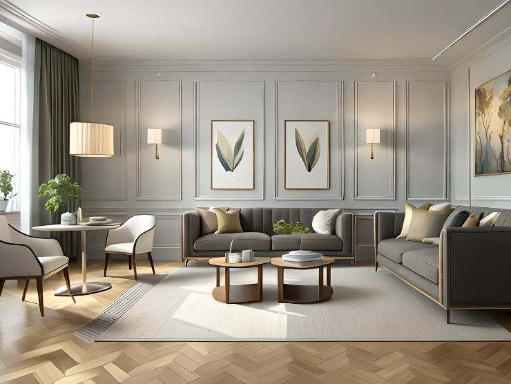 ampio soggiorno moderno con divani e tavolino con sedie