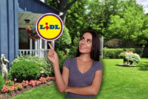 giardino, logo lidl e donna sorridente che lo indica